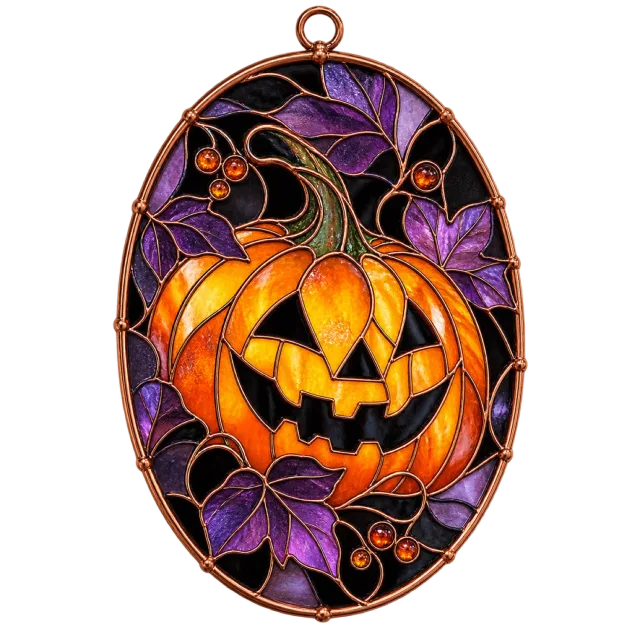 Oval stained-glass suncatcher with an orange jack-o-lantern and purple leaves