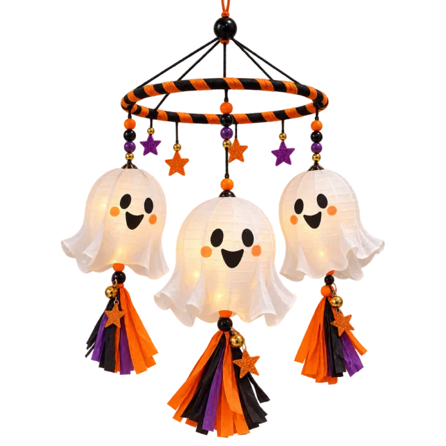 Hanging mobile with three ghost lanterns, orange beads and purple tassels