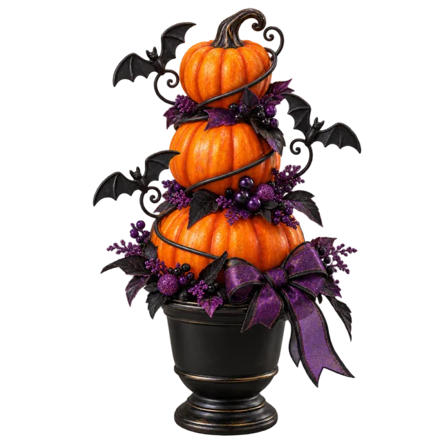 Stacked pumpkin topiary with black bats, purple ribbons and a black planter