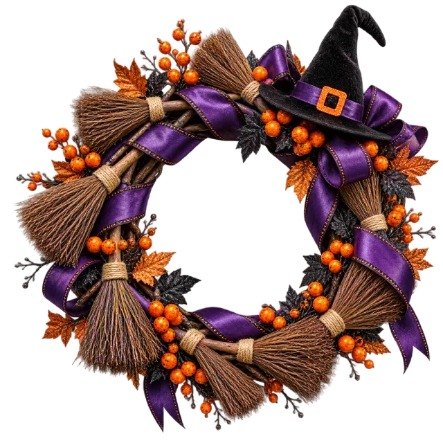 Circular broom wreath with purple ribbons, orange berries and a witch hat