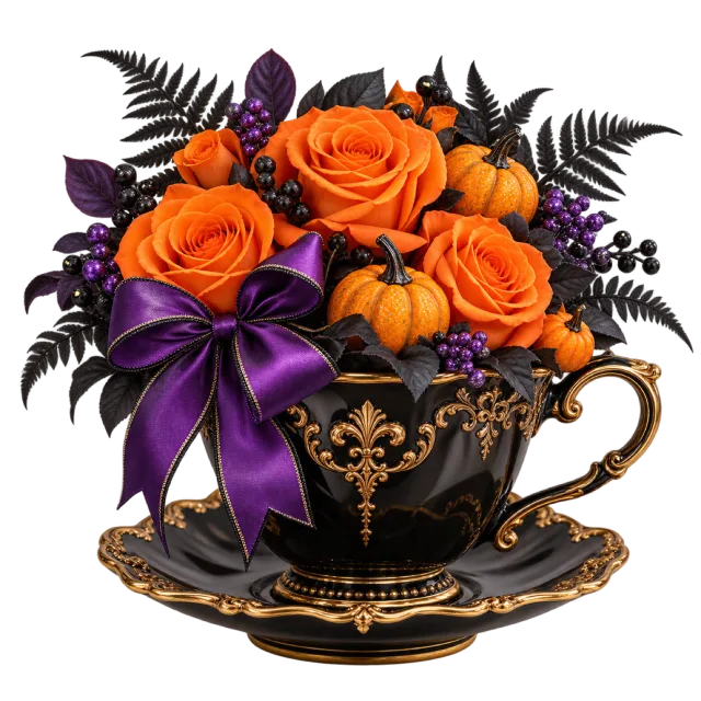 Black and gold teacup filled with orange roses, small pumpkins and dark leaves
