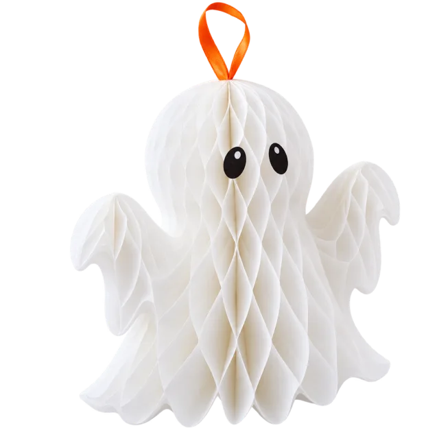White honeycomb paper ghost decoration with an orange hanging loop