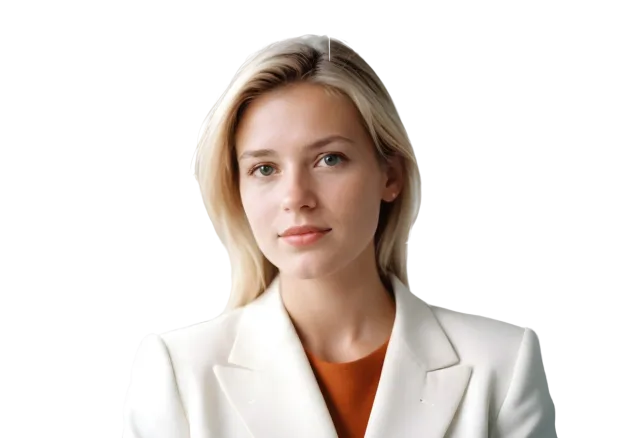 Front-facing portrait of a blonde woman wearing a white jacket on a transparent background
