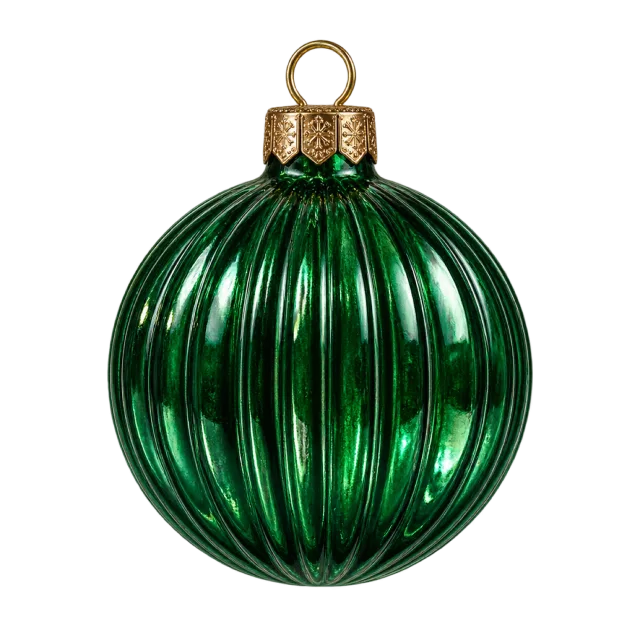 A glossy dark green ornament with vertical ribs and a gold hanging cap