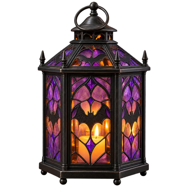 Black stained-glass lantern with purple and orange panels and candlelight inside