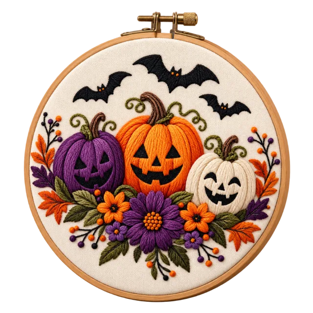 Embroidery hoop depicting pumpkins, bats and autumn flowers