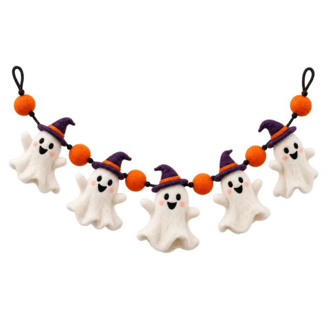 Garland of small white felt ghosts with witch hats and orange beads