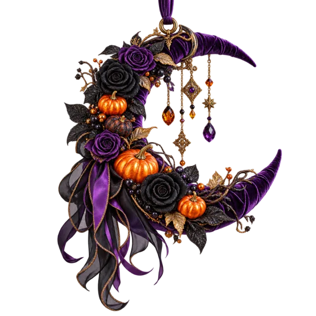 Purple crescent door hanger decorated with flowers, pumpkins and flowing ribbons