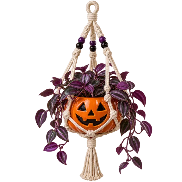 Macrame plant hanger holding a pumpkin pot with trailing purple leaves