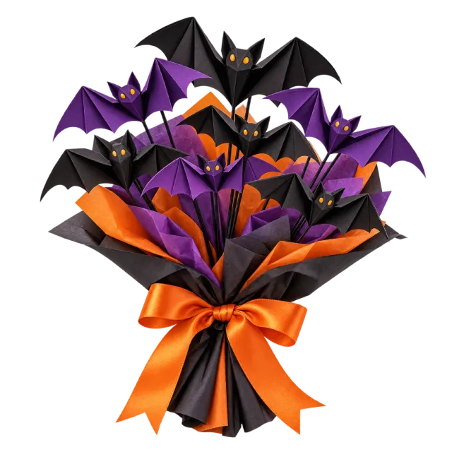 Bouquet of black and purple origami bats wrapped in paper with an orange bow