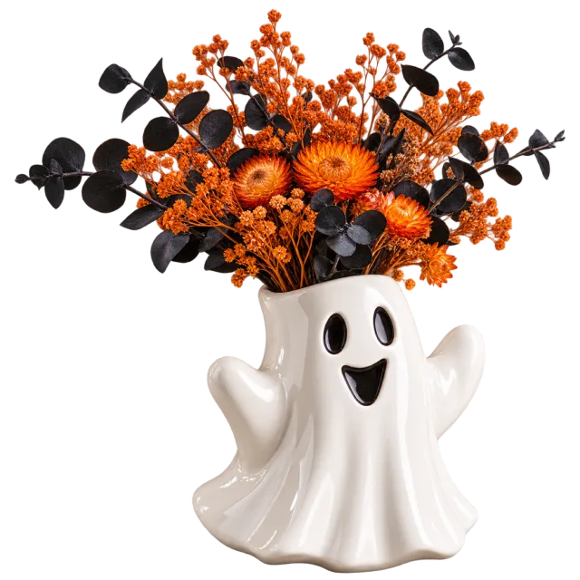 White ghost-shaped vase filled with orange flowers, berries and dark leaves