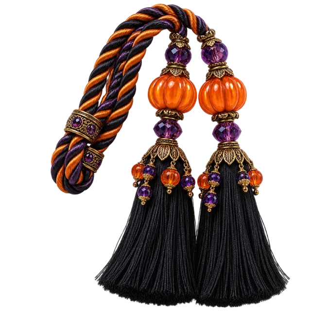 Pair of black curtain tassels with pumpkin beads and twisted orange and purple cords