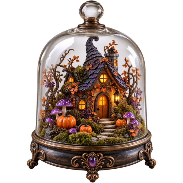 Miniature Halloween cottage, pumpkins and trees enclosed in a glass terrarium