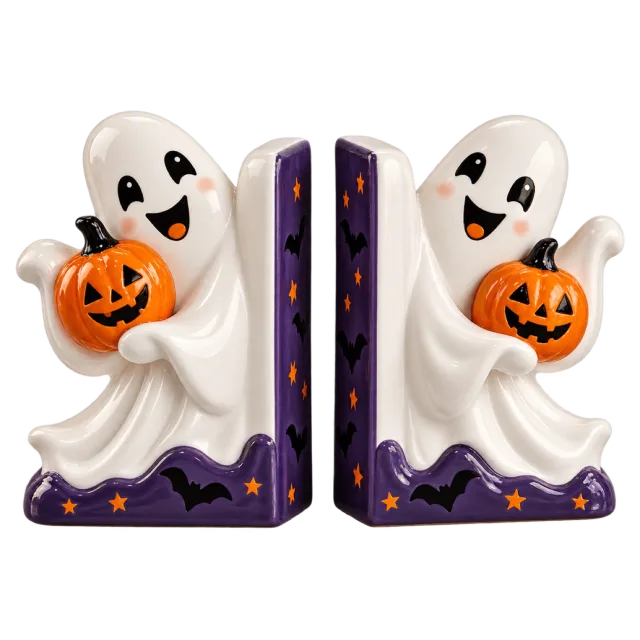 Pair of white ghost bookends holding pumpkins beside purple books