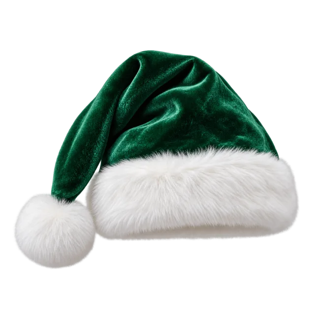 A green velvet Santa hat with a white furry cuff and pompom