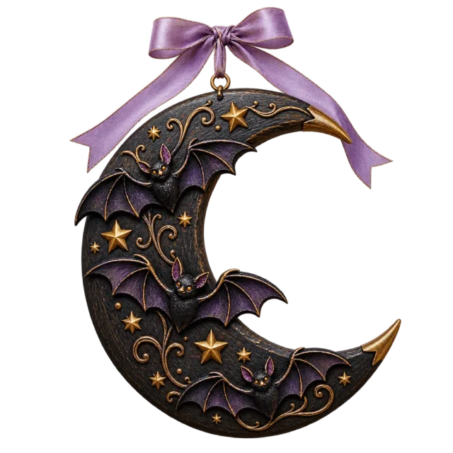 Dark crescent moon wall plaque with bats, gold stars and a lavender hanging bow