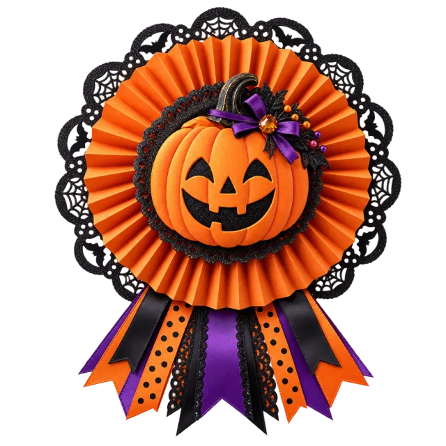 Orange rosette fan with black lace edging, a pumpkin centerpiece and ribbon tails