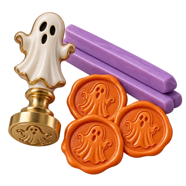 Ghost-handled wax seal stamp with purple wax sticks and orange ghost seals