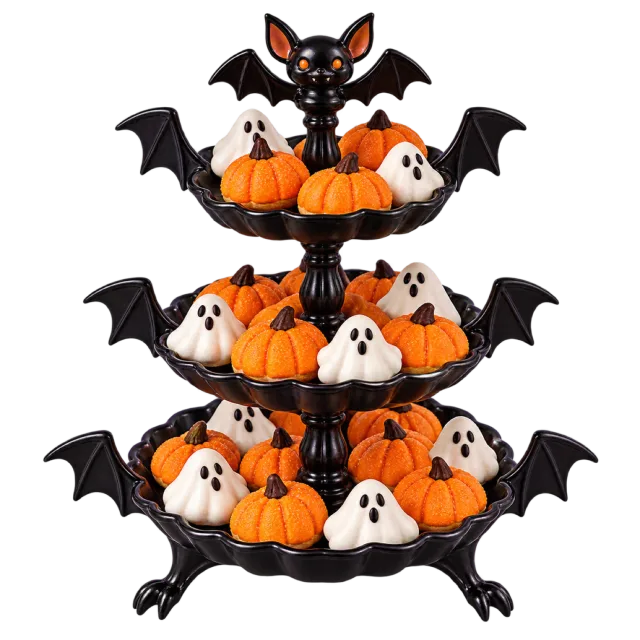 Black tiered Halloween treat stand filled with pumpkin and ghost sweets