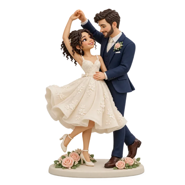 Wedding couple figurines dancing, with a flowing ivory dress and a navy suit