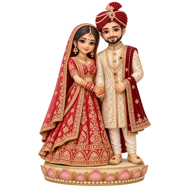 Wedding couple figurines in ornate red and gold attire on a floral base