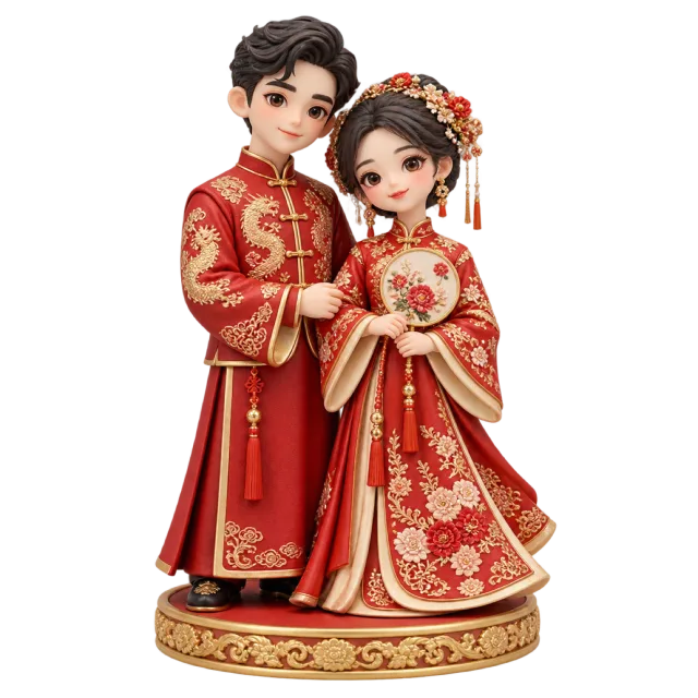 Wedding couple figurines wearing matching red and gold embroidered outfits