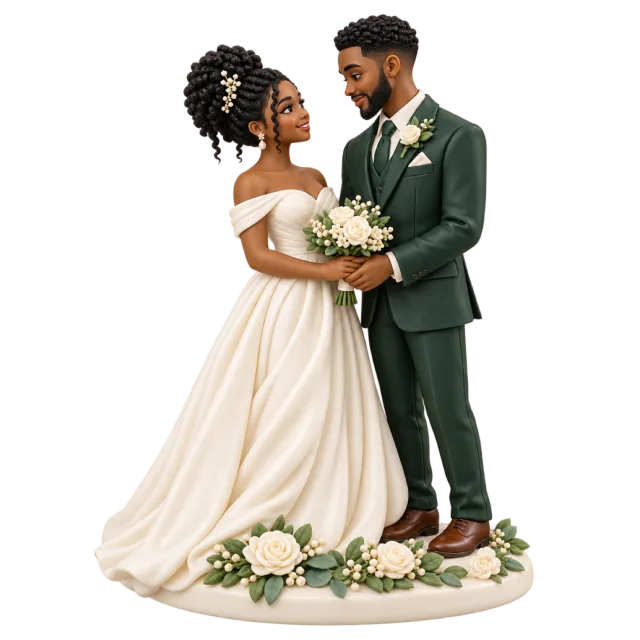 Wedding couple figurines with an ivory gown, dark green suit and white bouquet