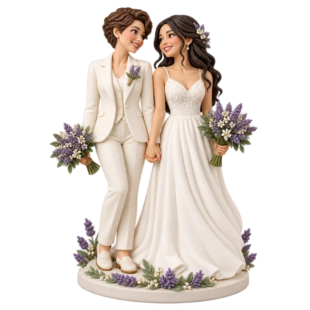 Two bride figurines in a white suit and gown holding bouquets on a lavender-decorated base