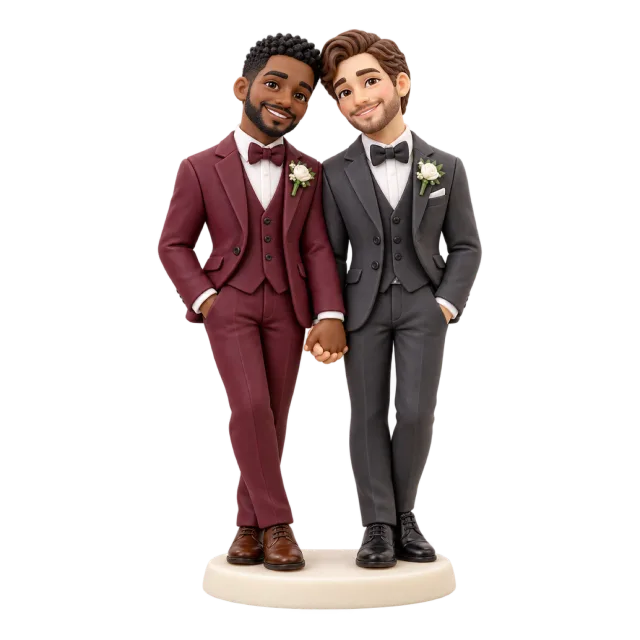 Two groom figurines standing together in burgundy and charcoal suits