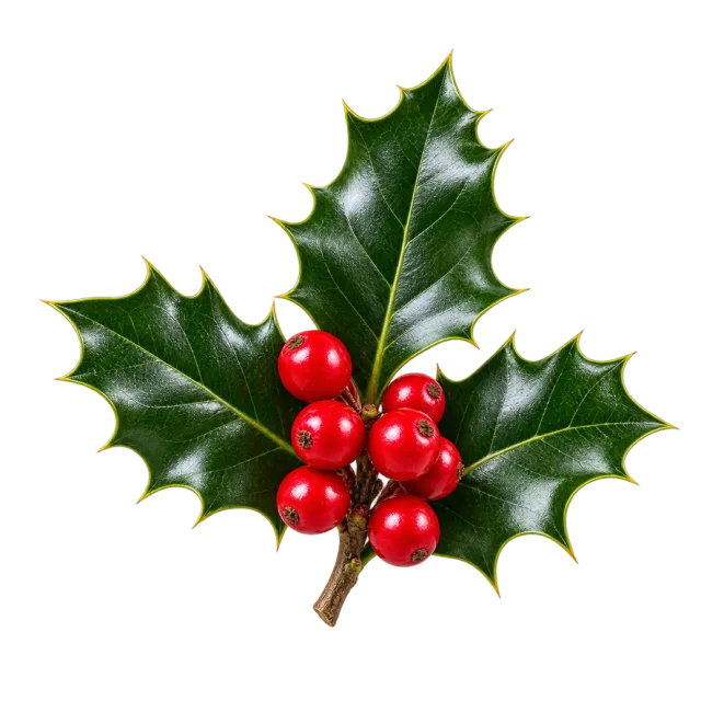 A small holly sprig with pointed green leaves and glossy red berries