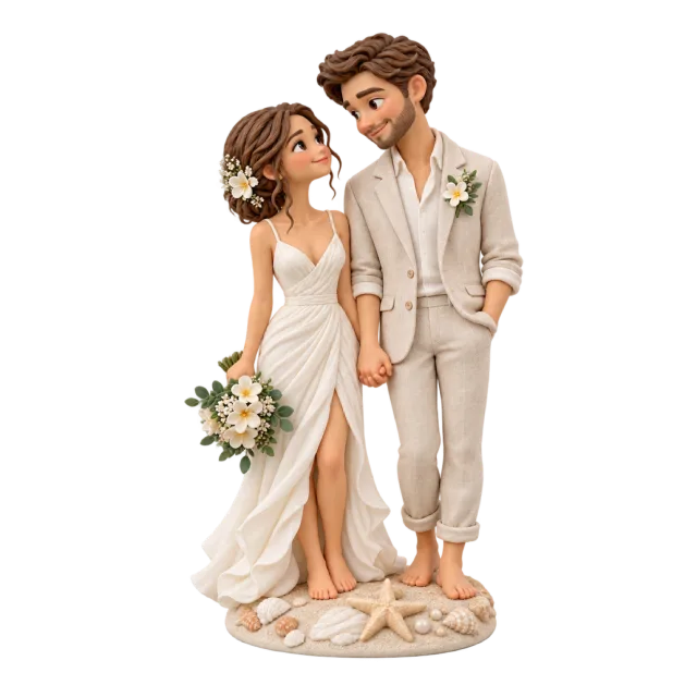 Barefoot wedding couple figurines in light clothing on a sandy base with shells
