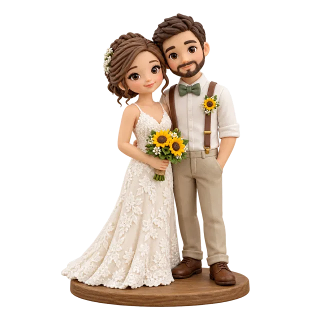 Rustic wedding couple figurines with a sunflower bouquet on a wood-style base
