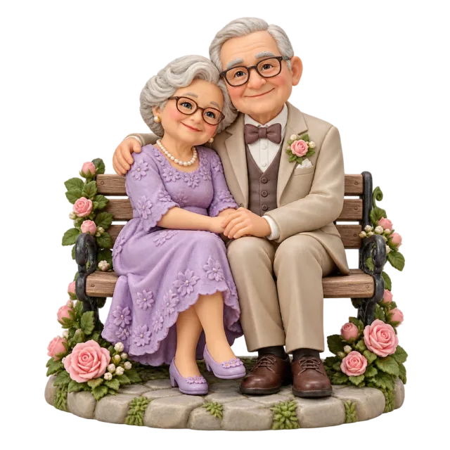 Older couple figurines sitting together on a flower-decorated bench