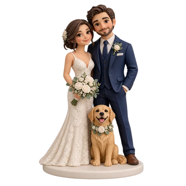 Wedding couple figurines standing beside a golden dog with a floral collar