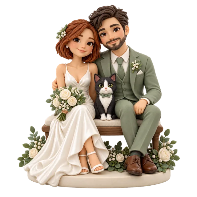 Wedding couple figurines sitting together with a cat between them