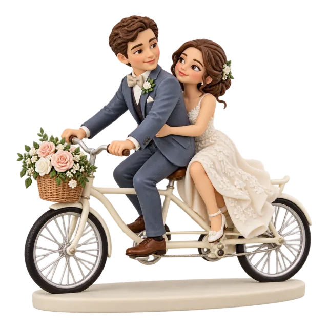 Wedding couple figurines riding a bicycle with a basket of flowers