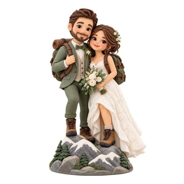 Wedding couple figurines with a backpack and bouquet on a rocky mountain base