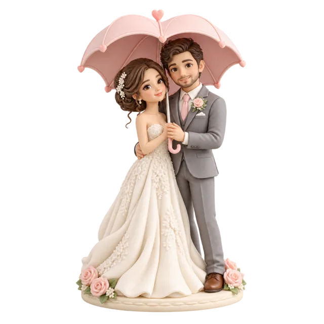 Wedding couple figurines standing beneath a pink umbrella