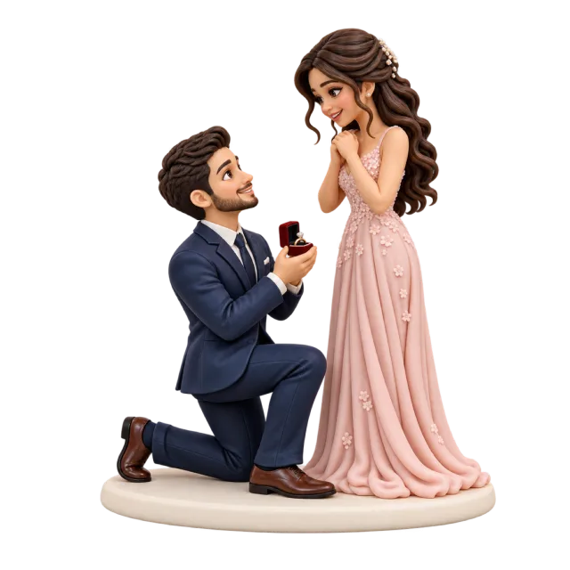 Proposal figurines showing a kneeling man offering a ring to a woman in a pink dress