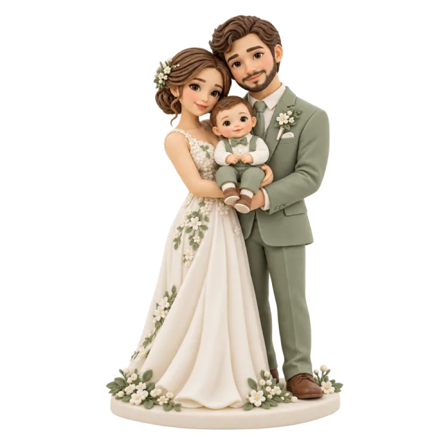 Wedding couple figurines holding a baby together