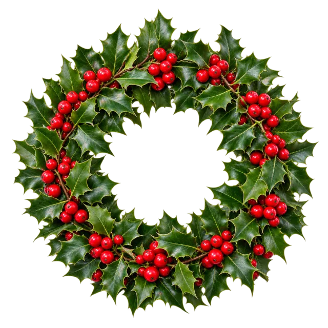 A round wreath of pointed holly leaves dotted with red berry clusters
