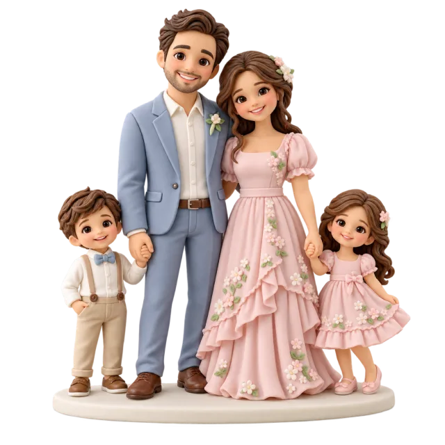 Family figurines with two adults and two children in celebration outfits