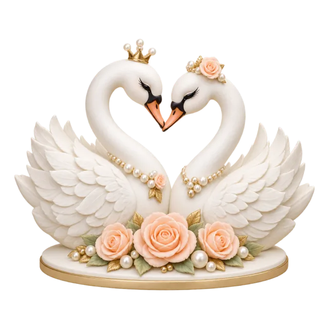 Two white swans forming a heart with their necks above pale pink roses