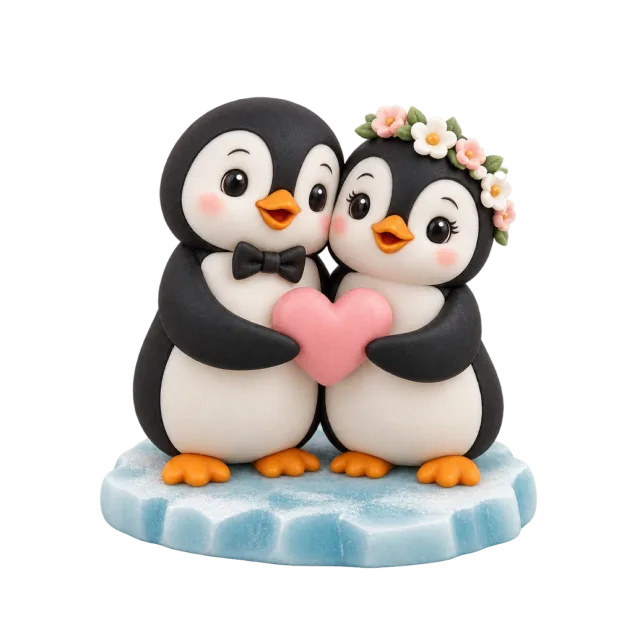 Two penguin figurines holding a pink heart on an icy blue base