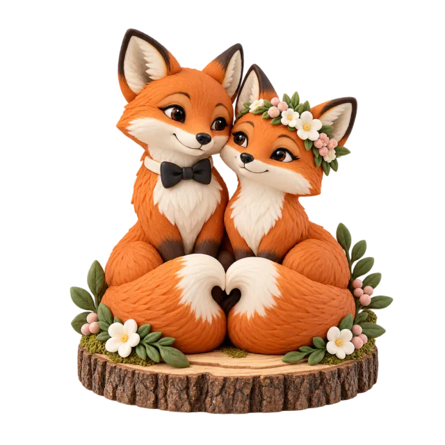 Two fox figurines sitting together with a bow tie and floral headpiece