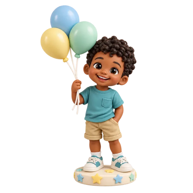 Smiling child figurine holding three pastel balloons