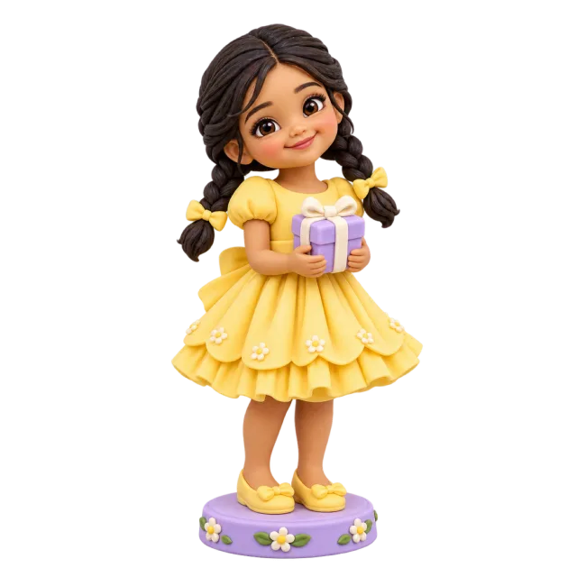 Child figurine in a yellow dress holding a small wrapped gift