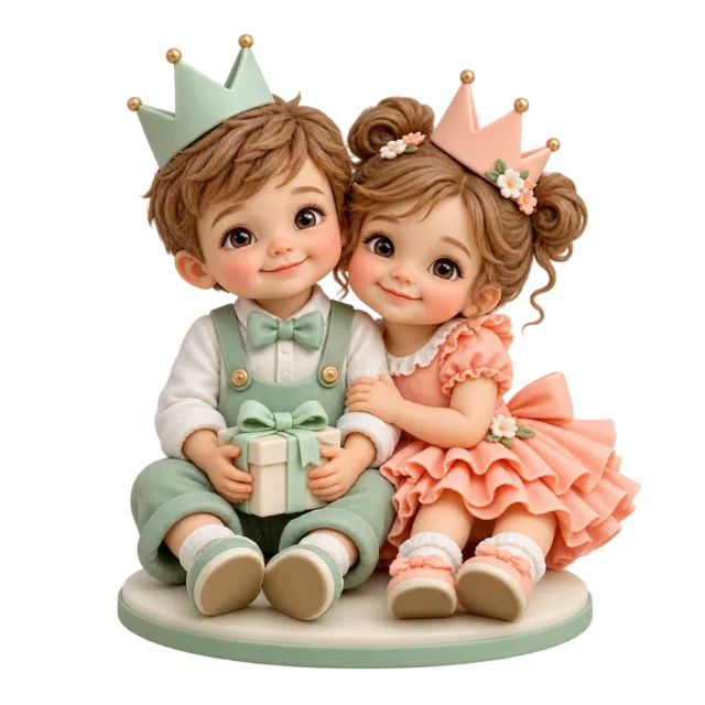 Two seated child figurines wearing pastel crowns and party outfits