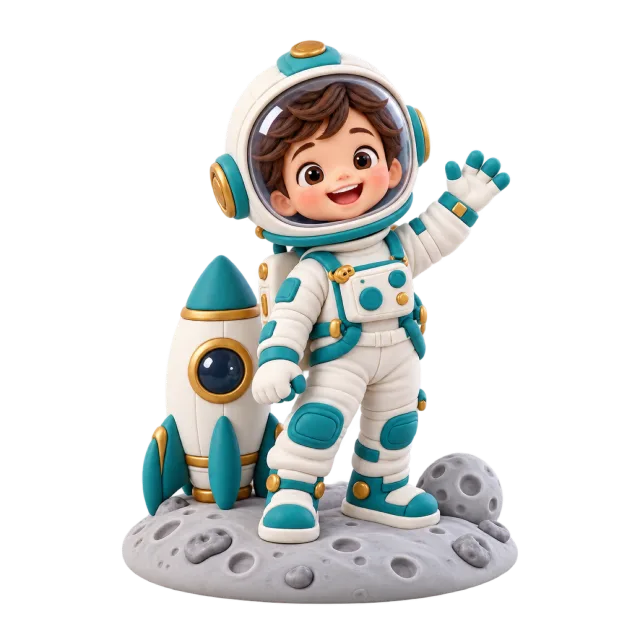Child astronaut figurine waving beside a small rocket on a moon-style base