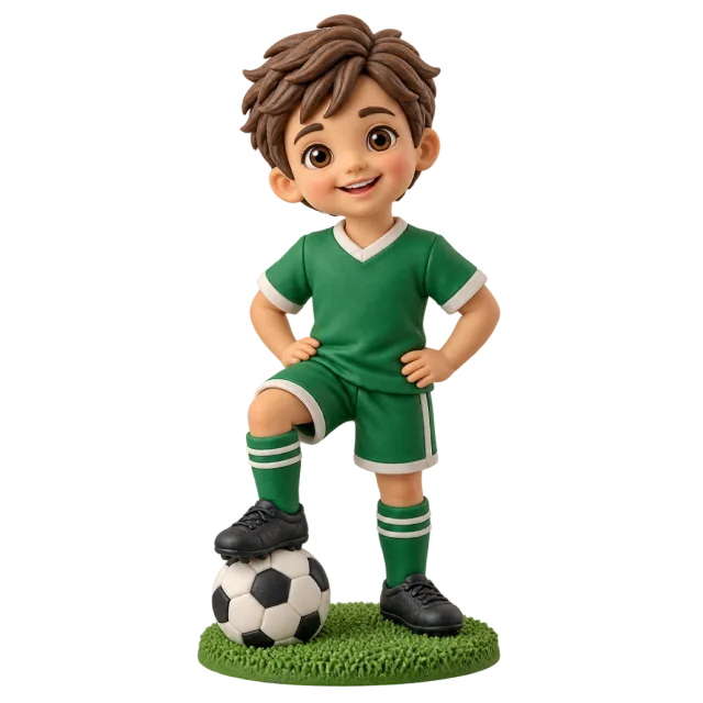 Child football player figurine in a green kit with a football at one foot